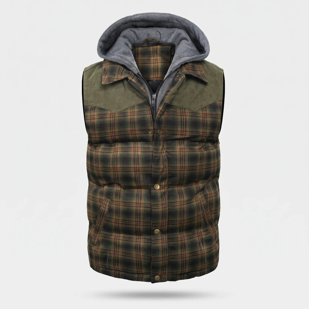 Men's tartan check hooded gilet in Olive Small Check - front view