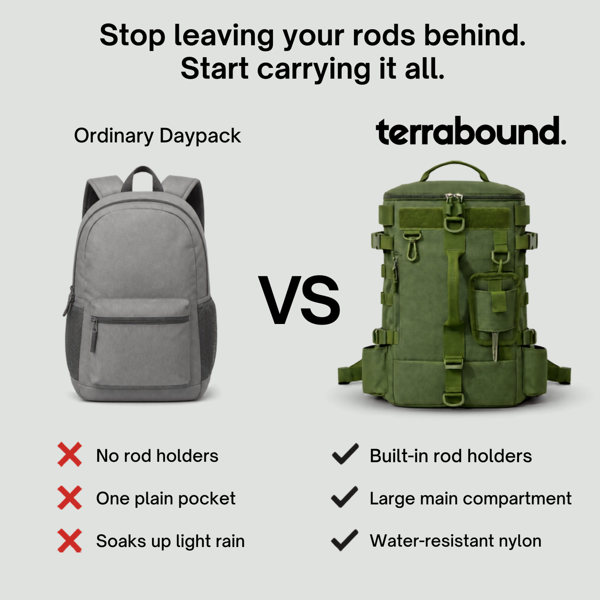 Comparison: an ordinary daypack versus the terrabound fishing backpack with rod holders