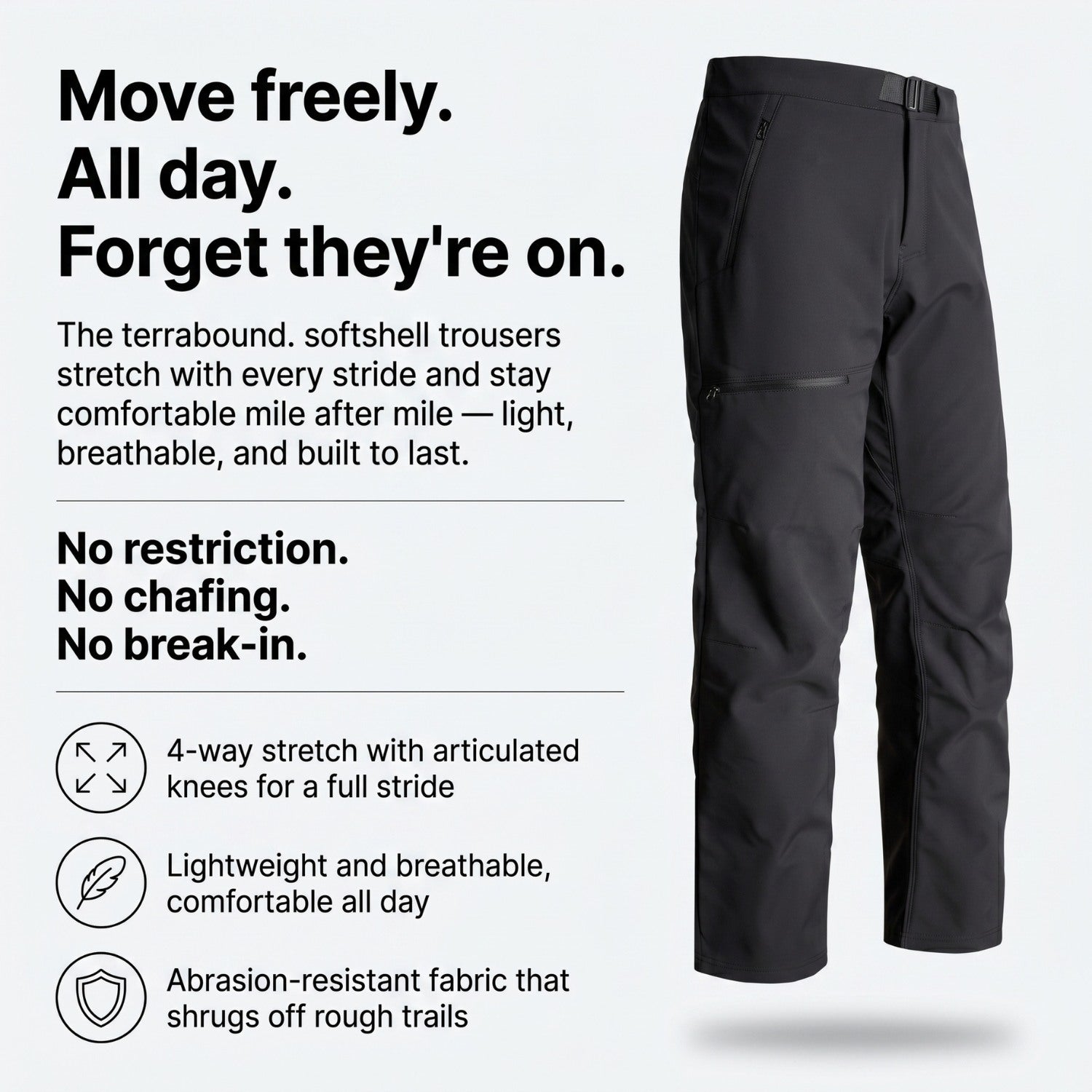 Feature panel: 4-way stretch with articulated knees