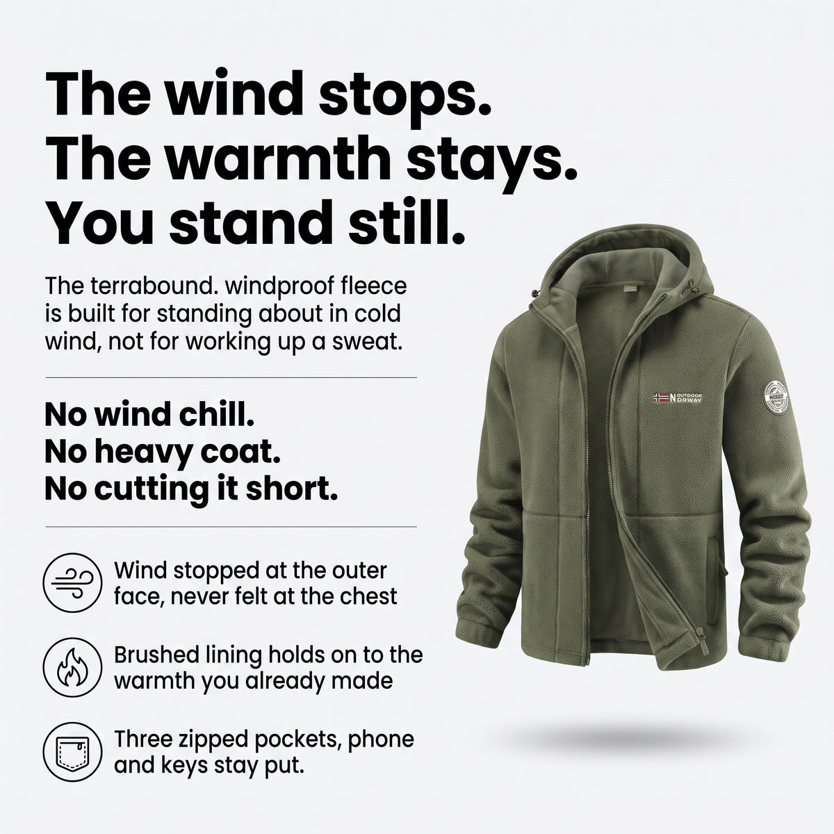 How it works: wind stopped at the outer face, warmth held by the fleece lining