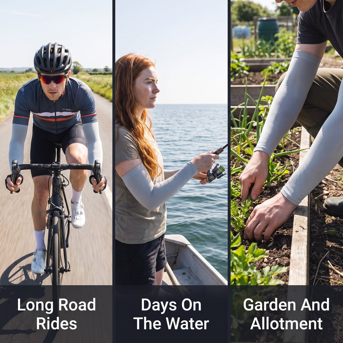 Arm sleeves worn for road riding, fishing and gardening