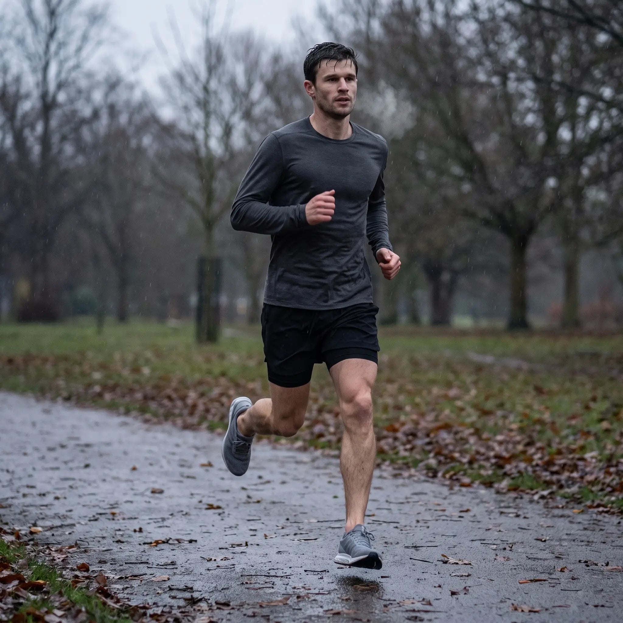 A runner on a wet park path at first light wearing the 2 in 1 running shorts