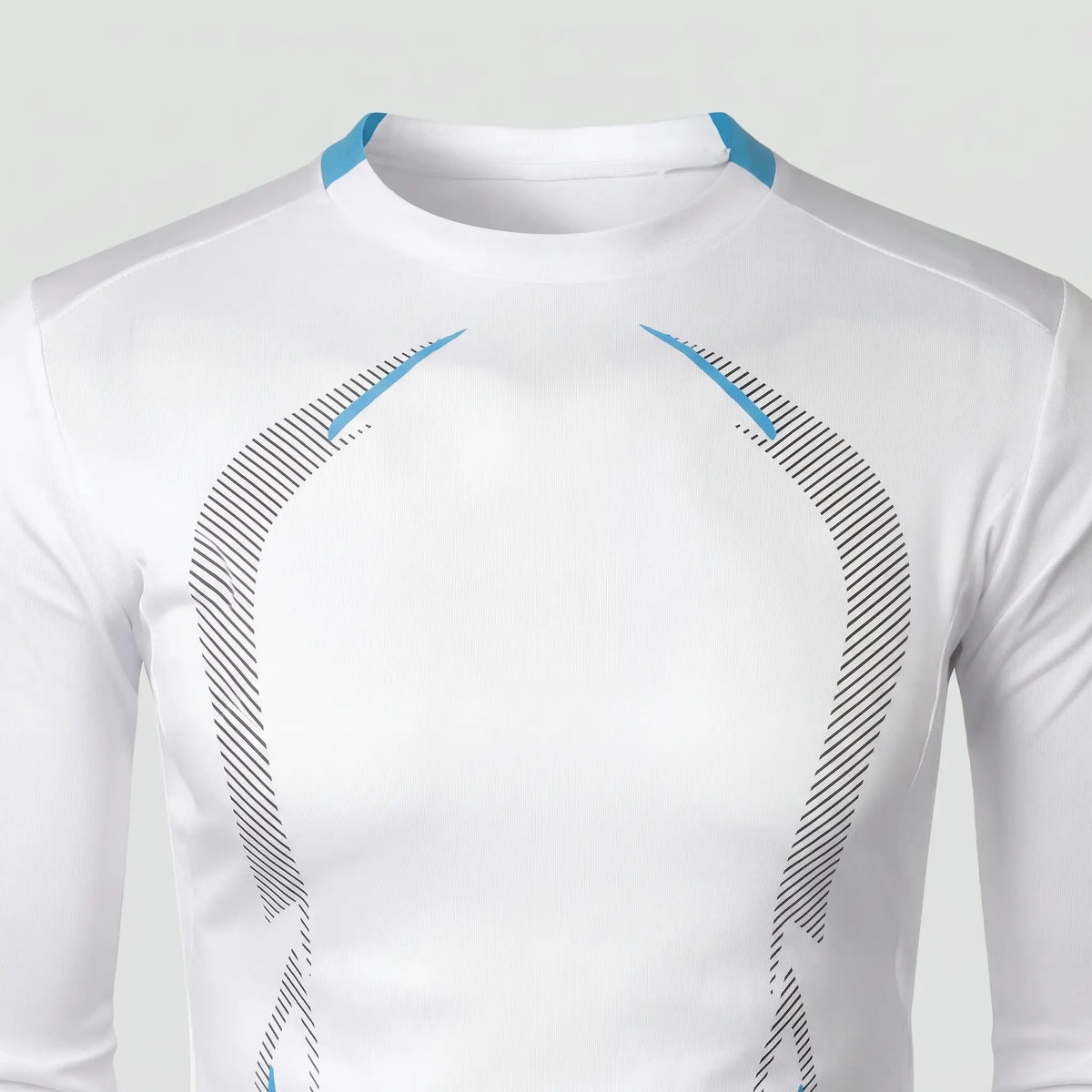 Close-up of the crew neck, contrast collar tabs and shoulder panels