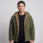 Men's sherpa jacket in Army Green worn open over a black T-shirt