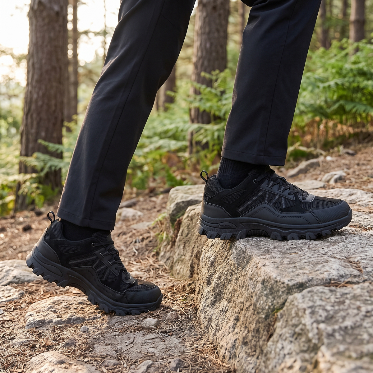 Lightweight Hiking Shoes - Black - on a rocky path