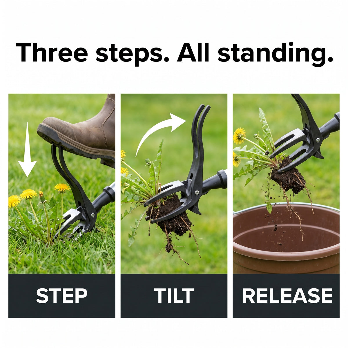 Step, tilt and release: the three stage weeding sequence done standing