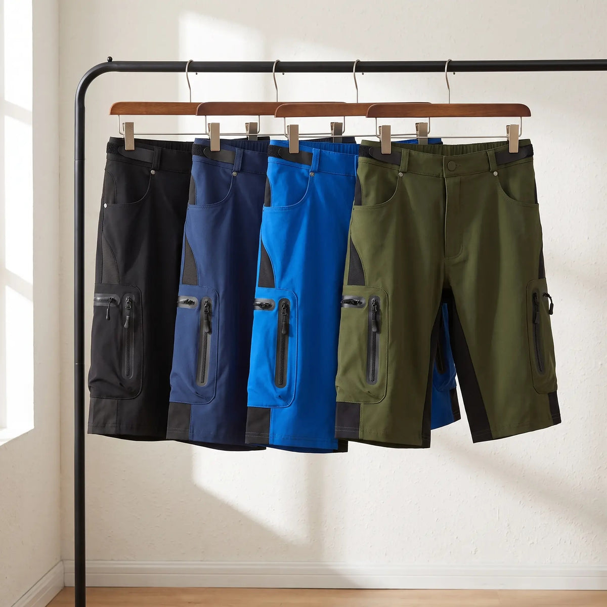 MTB shorts in Black, Dark Blue, Light Blue and Green on a rail