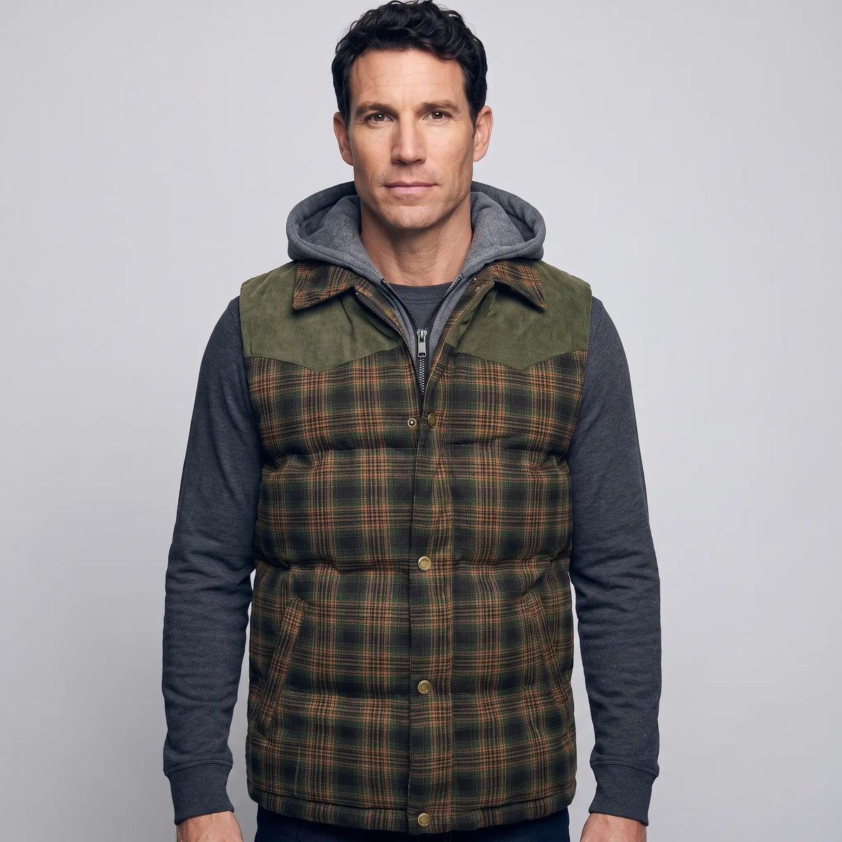 Olive Small Check hooded gilet worn closed - front