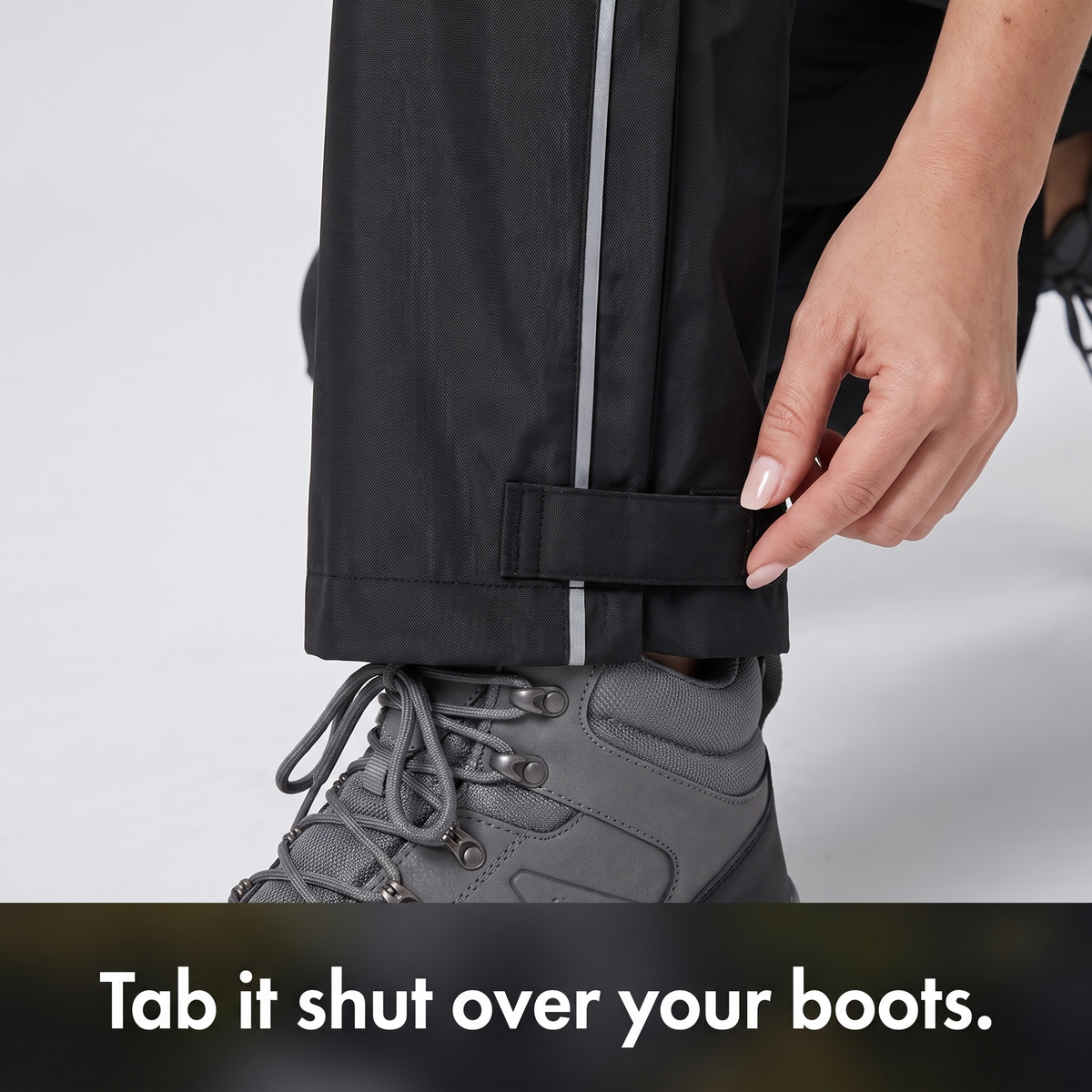 Hook-and-loop ankle tab closed over a walking boot - tab it shut over your boots