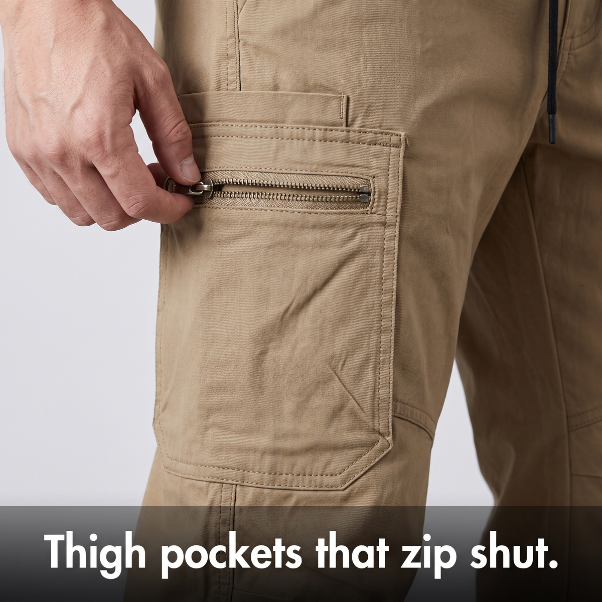 Zip closing across the top of a thigh cargo pocket - thigh pockets that zip shut