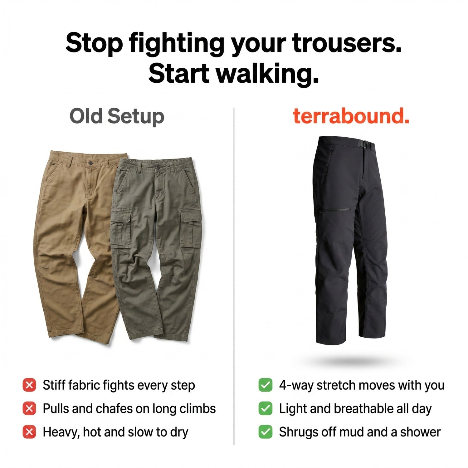 Comparison panel: stiff trousers against the Terrabound stretch fit