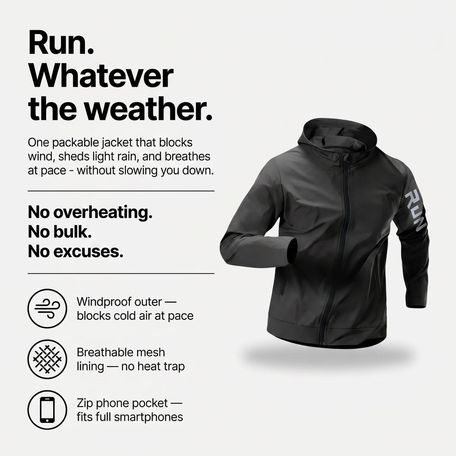 Men's Running Jacket - Lightweight Packable - Windproof & Water-Resistant