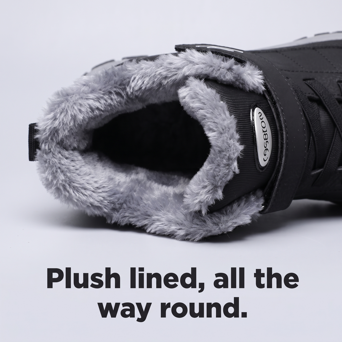 Grey plush pile lining and collar inside the Black winter boot - plush lined all the way round