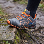 Reinforced toe cap taking a knock near a root on the trail