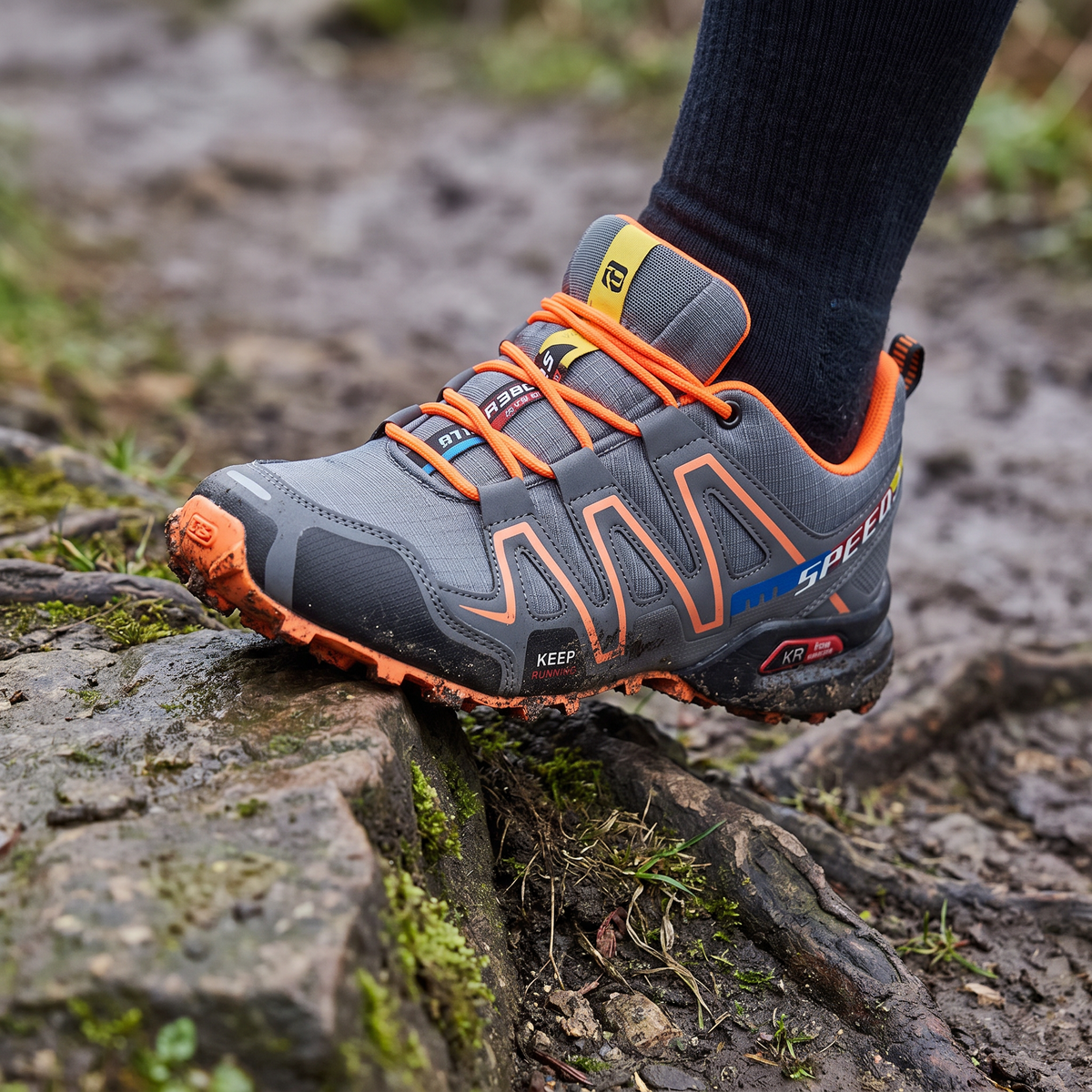Reinforced toe cap taking a knock near a root on the trail