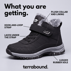 Winter boot features - plush collar and lining, hook-and-loop strap, laces under the strap, lugged rubber sole