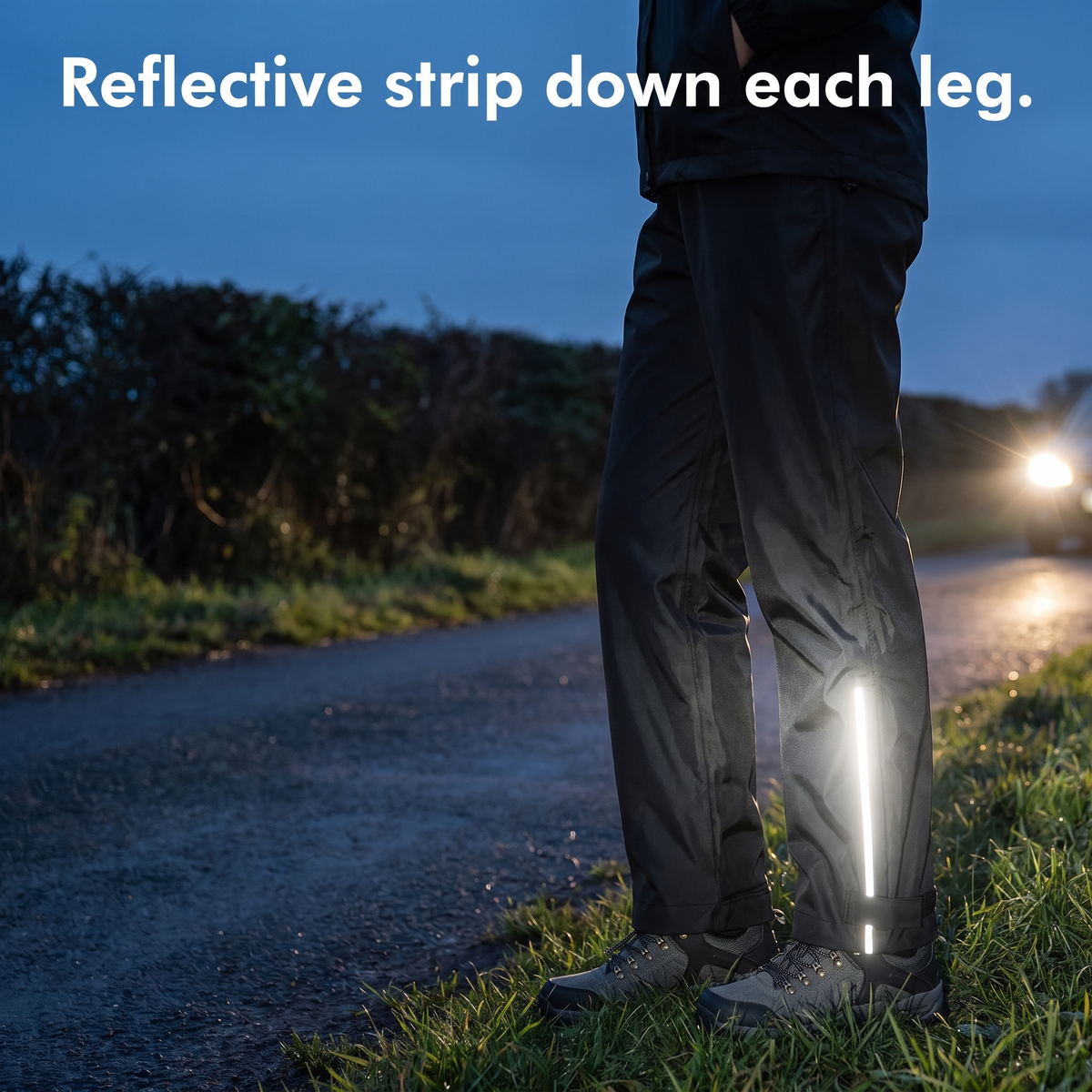 Reflective strip on the lower leg lit by car headlights on a country lane in Britain at dusk