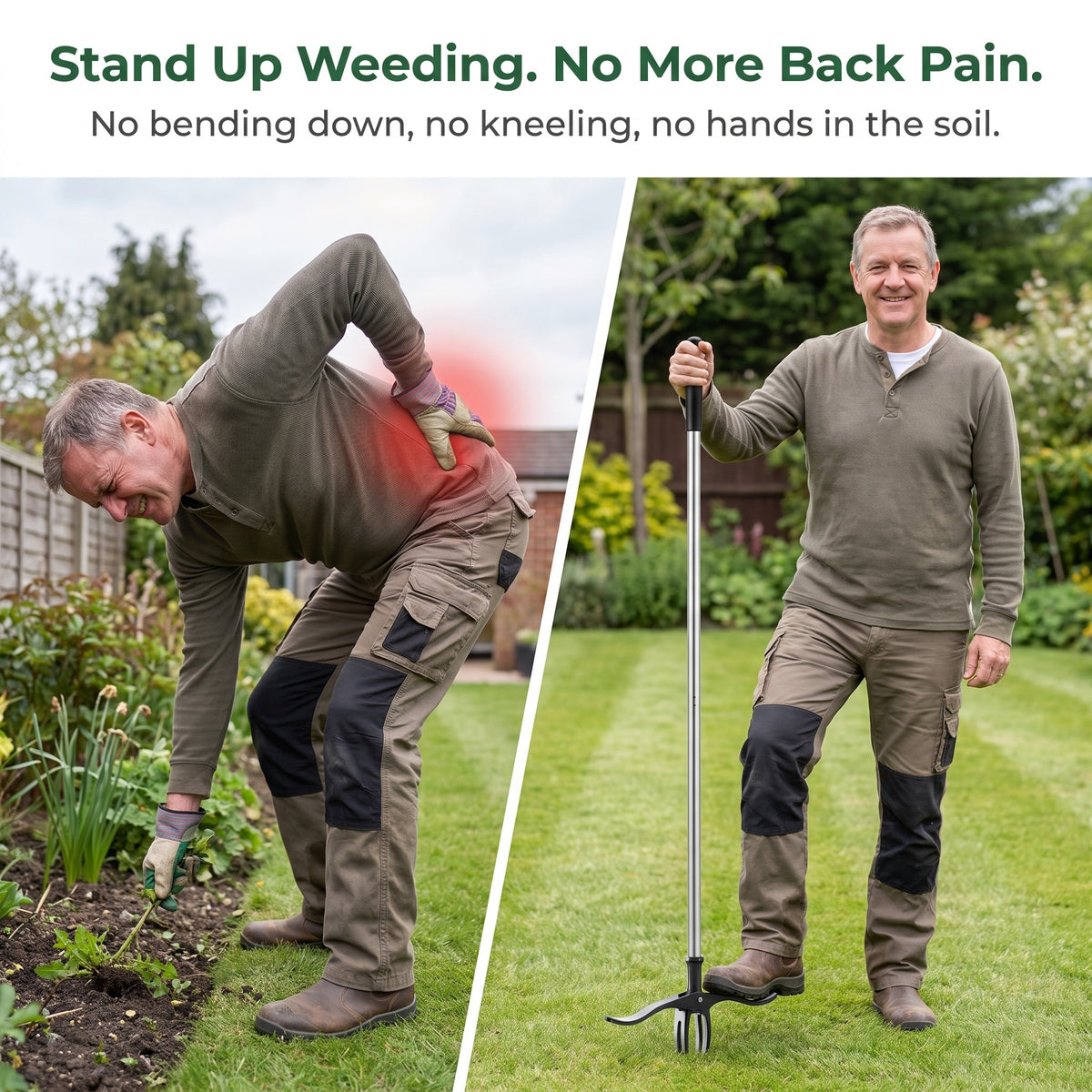 Stand up weeding with no more back pain: bending by hand compared with weeding upright using the tool