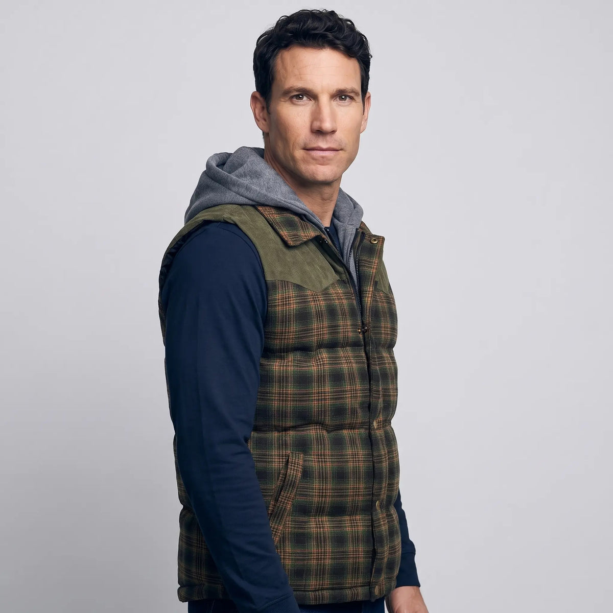 Olive Small Check hooded gilet worn - side view