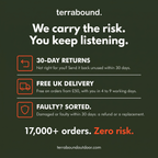 terrabound guarantees: 30-day returns, free UK delivery from 50 pounds, faulty items refunded or replaced