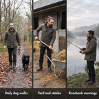 Fleece lined wellies on a woodland dog walk, in a stable yard and on a riverbank