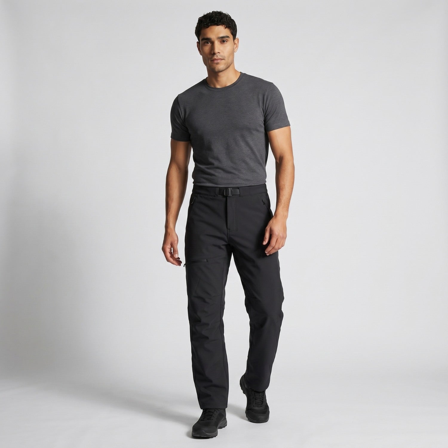 Men's black walking trousers, full length front view