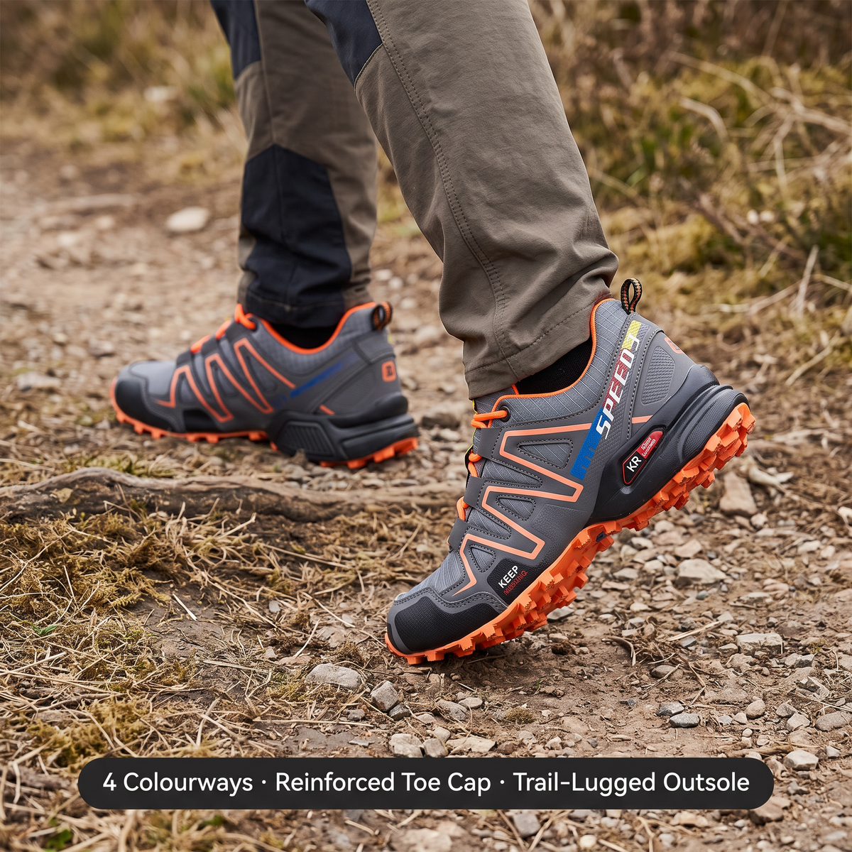 4 Colourways, Reinforced Toe Cap, Trail-Lugged Outsole