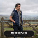 Hooded gilet at a gate in the Peak District