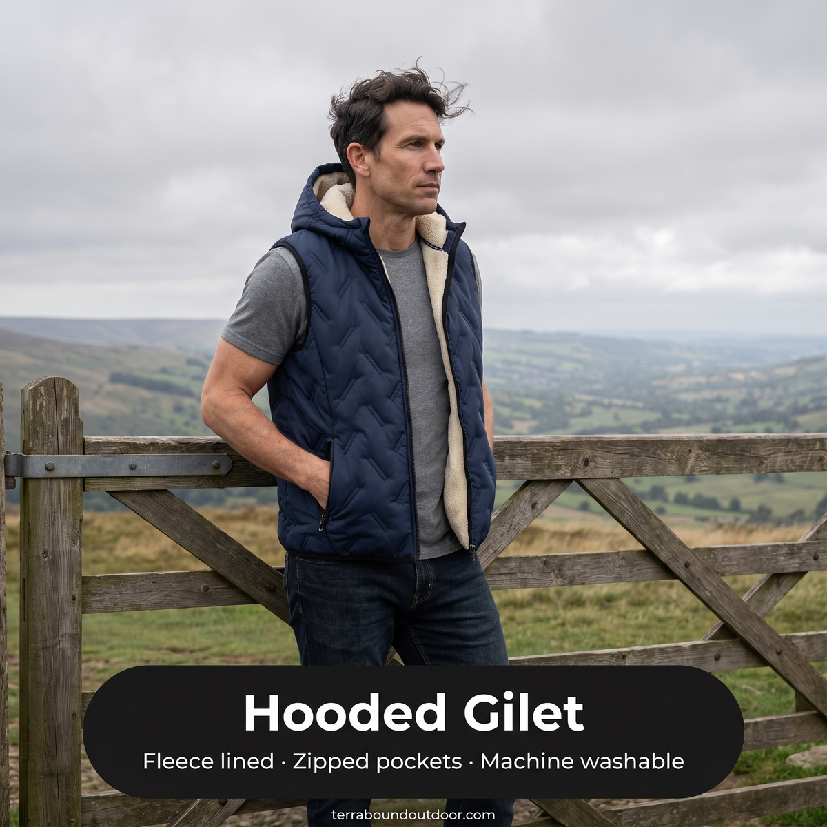 Hooded gilet at a gate in the Peak District