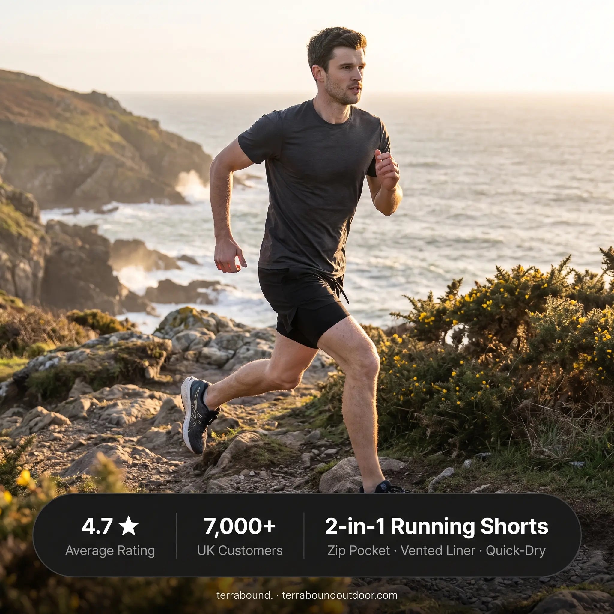 A runner on a coastal path with the key specifications: zip pocket, vented liner, quick-dry