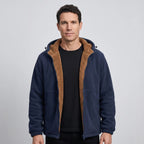 Men's sherpa jacket in Navy worn open over a black T-shirt