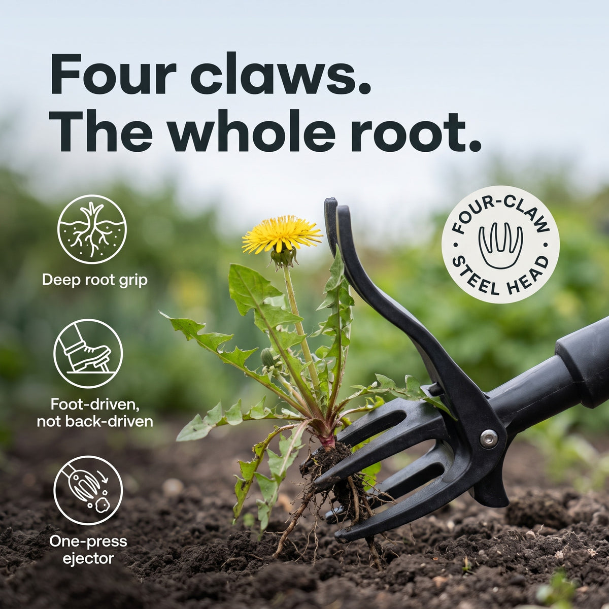 Four-claw steel head gripping a dandelion with its full root, deep root grip and one-press ejector