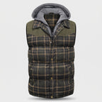 Men's tartan check hooded gilet in Olive Large Check - front view