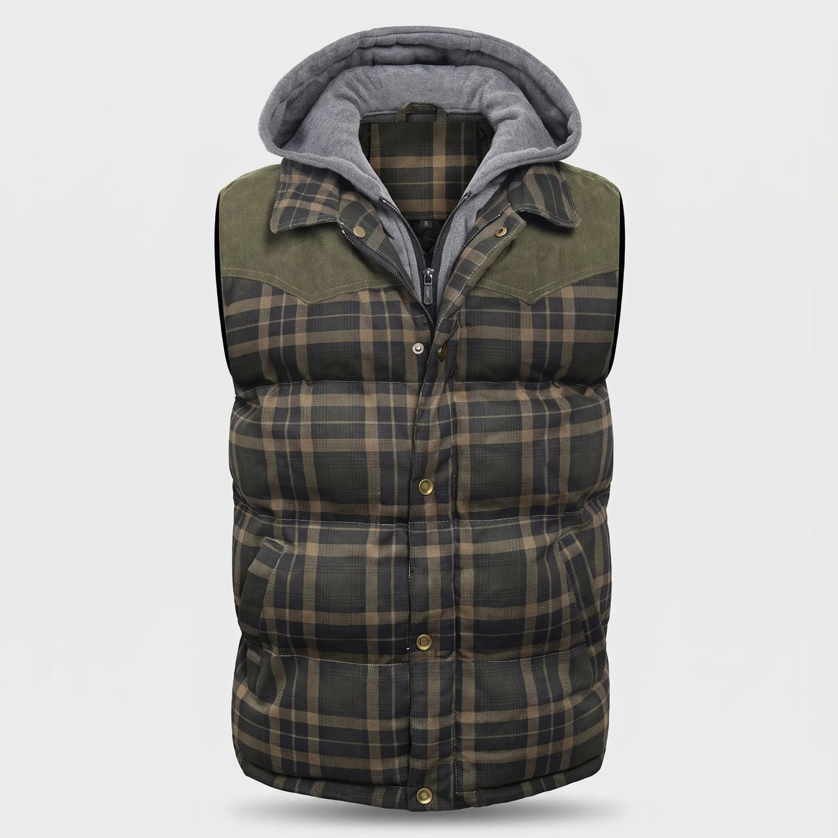 Men's tartan check hooded gilet in Olive Large Check - front view