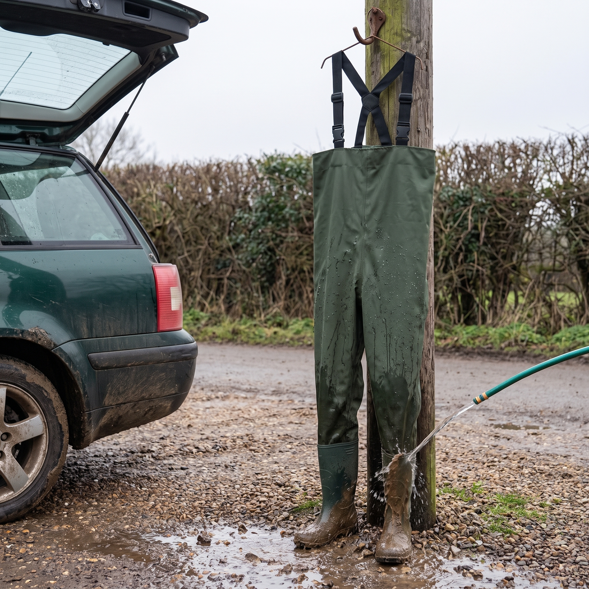 Waders hosed clean at a car tailgate