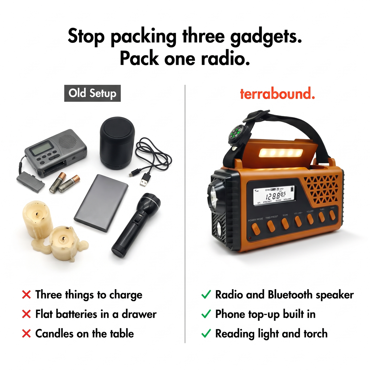 Comparison: three gadgets and candles versus one portable radio with Bluetooth, phone top-up, reading light and torch