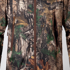 Front zip and vertical chest zip pockets on the camo jacket
