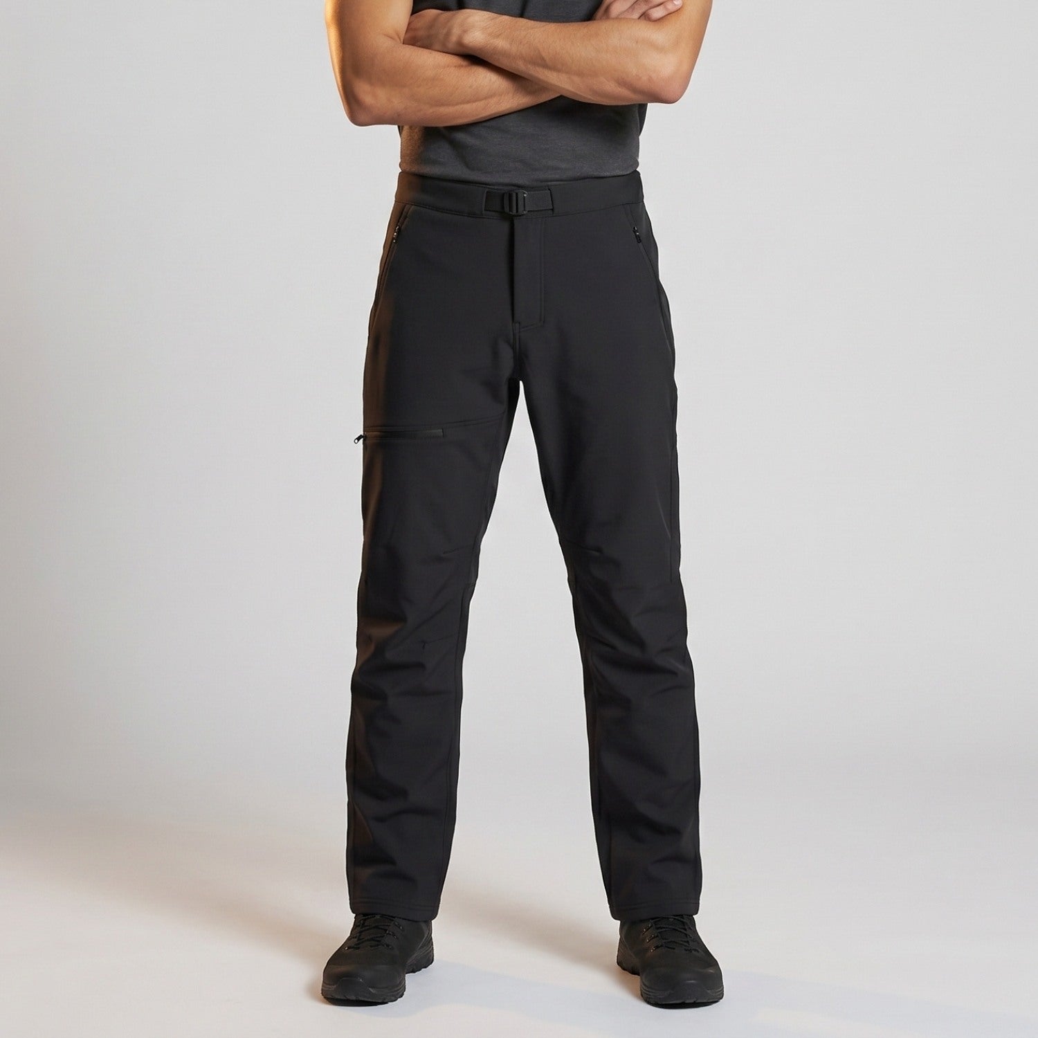 Men's black walking trousers worn, front view