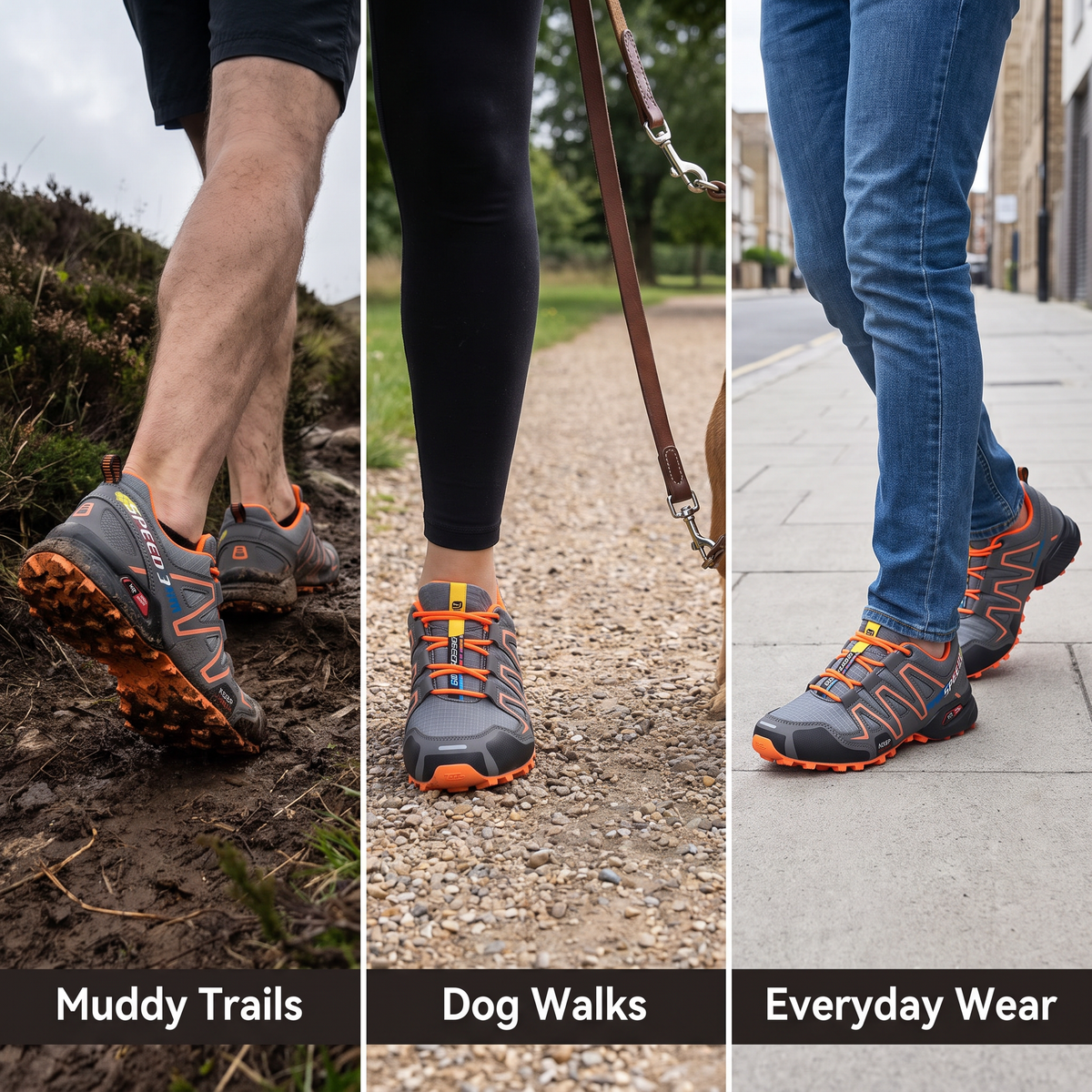 Trail shoe worn across muddy trail, dog walk and everyday errand