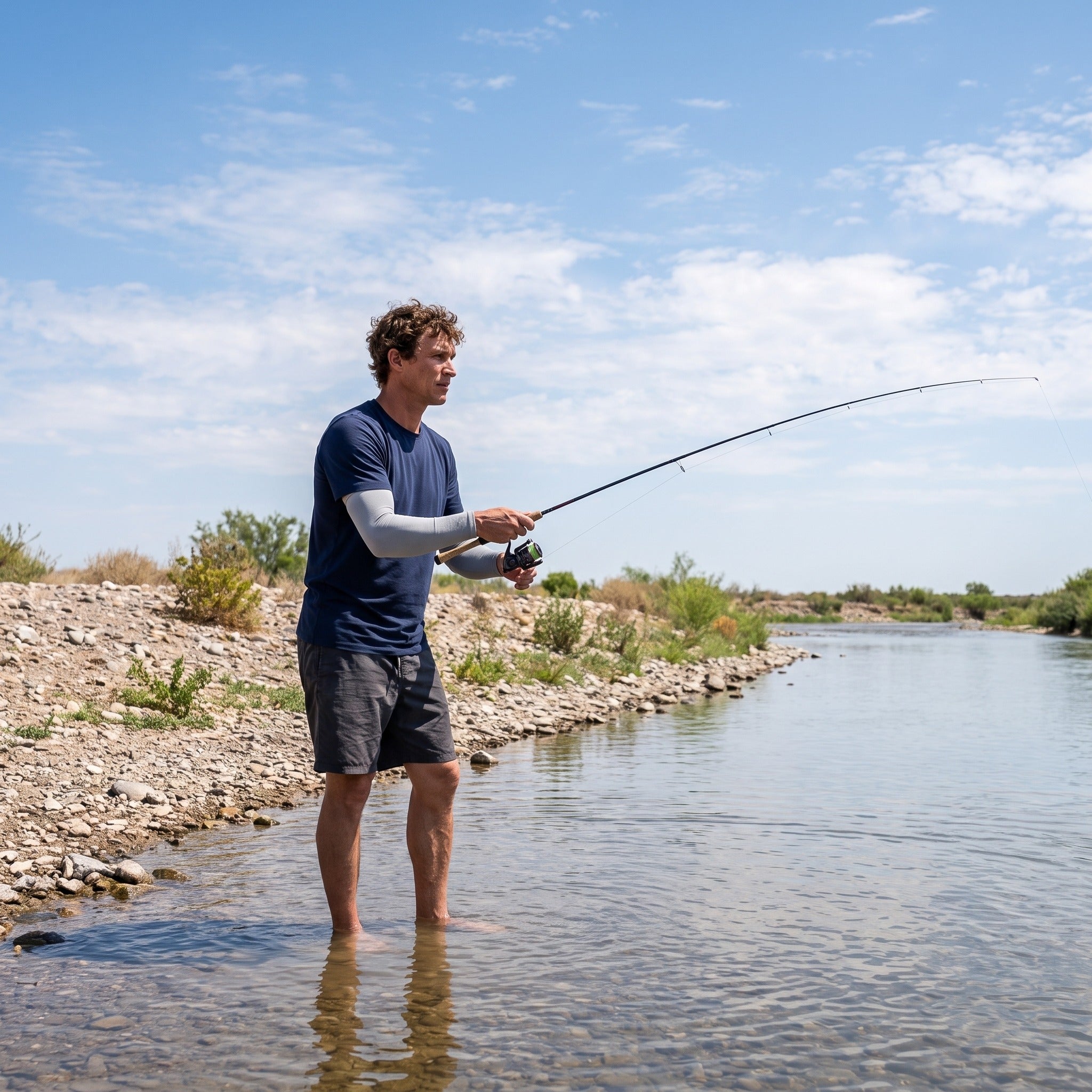 Angler wearing UPF 50+ arm sleeves while fishing a river