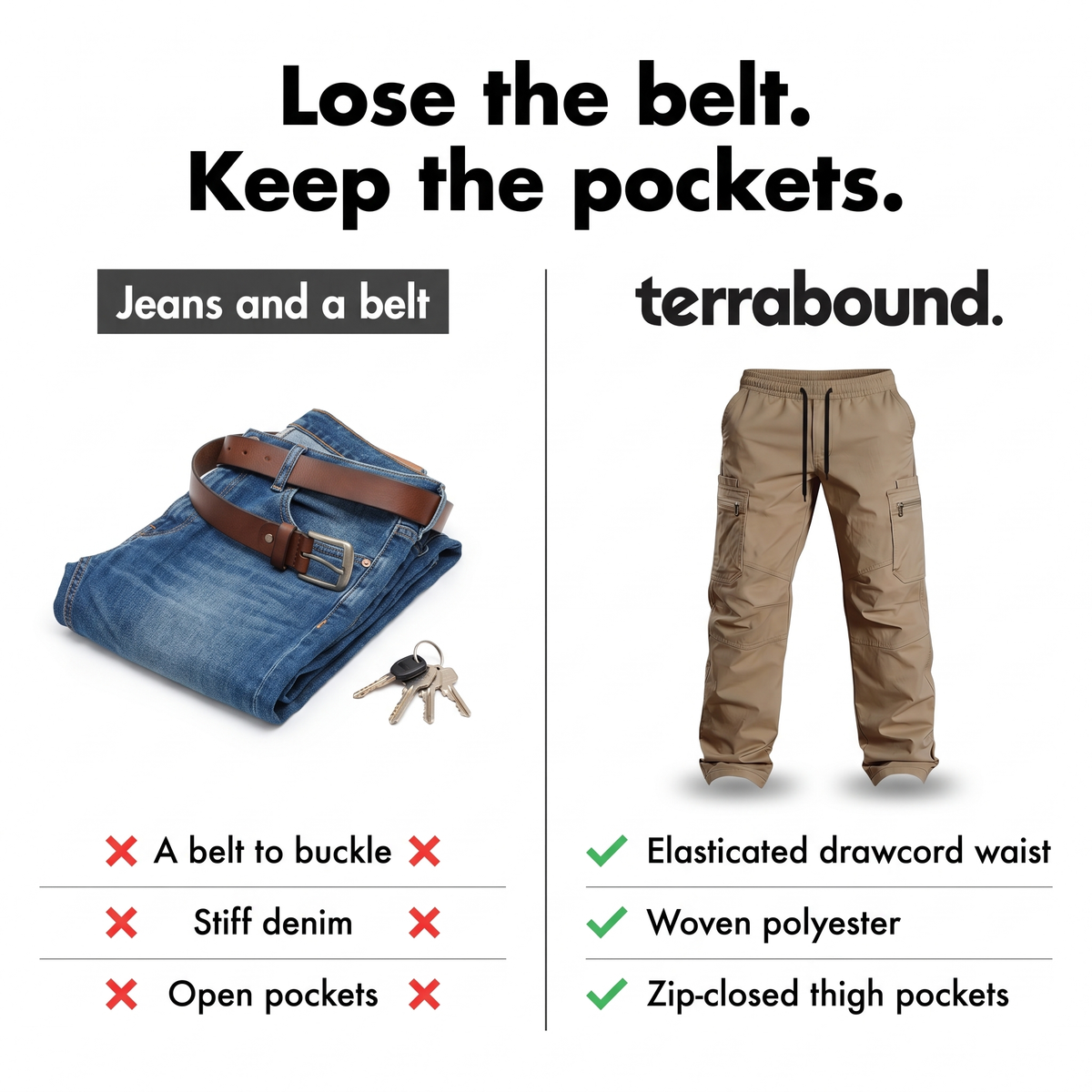 Jeans and a belt compared with elasticated combat trousers with zipped thigh pockets