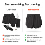 Comparison of a separate shorts, liner, balm and belt setup against the single 2 in 1 running short