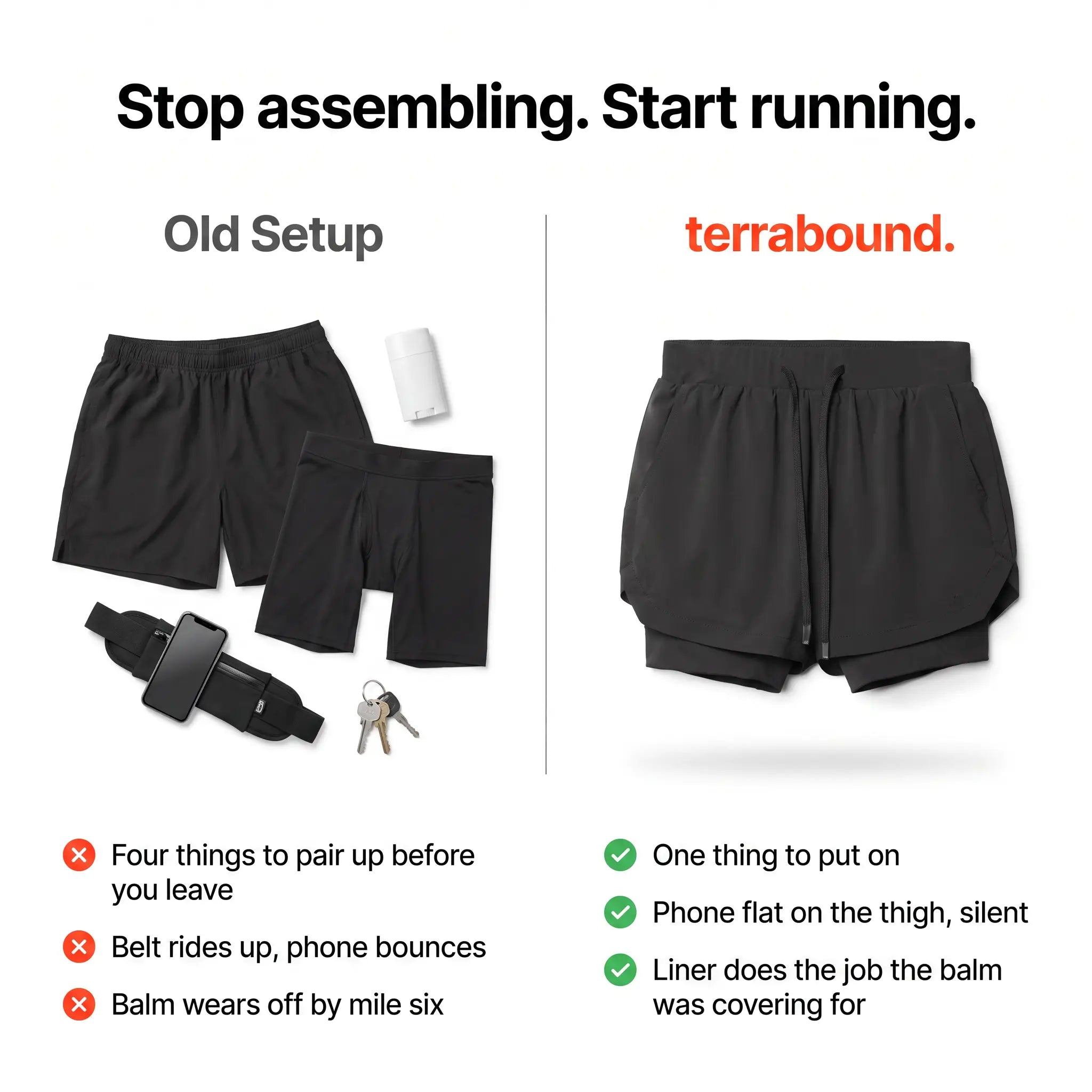 Comparison of a separate shorts, liner, balm and belt setup against the single 2 in 1 running short