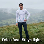 Dries fast, stays light - long sleeve running top on a misty hill