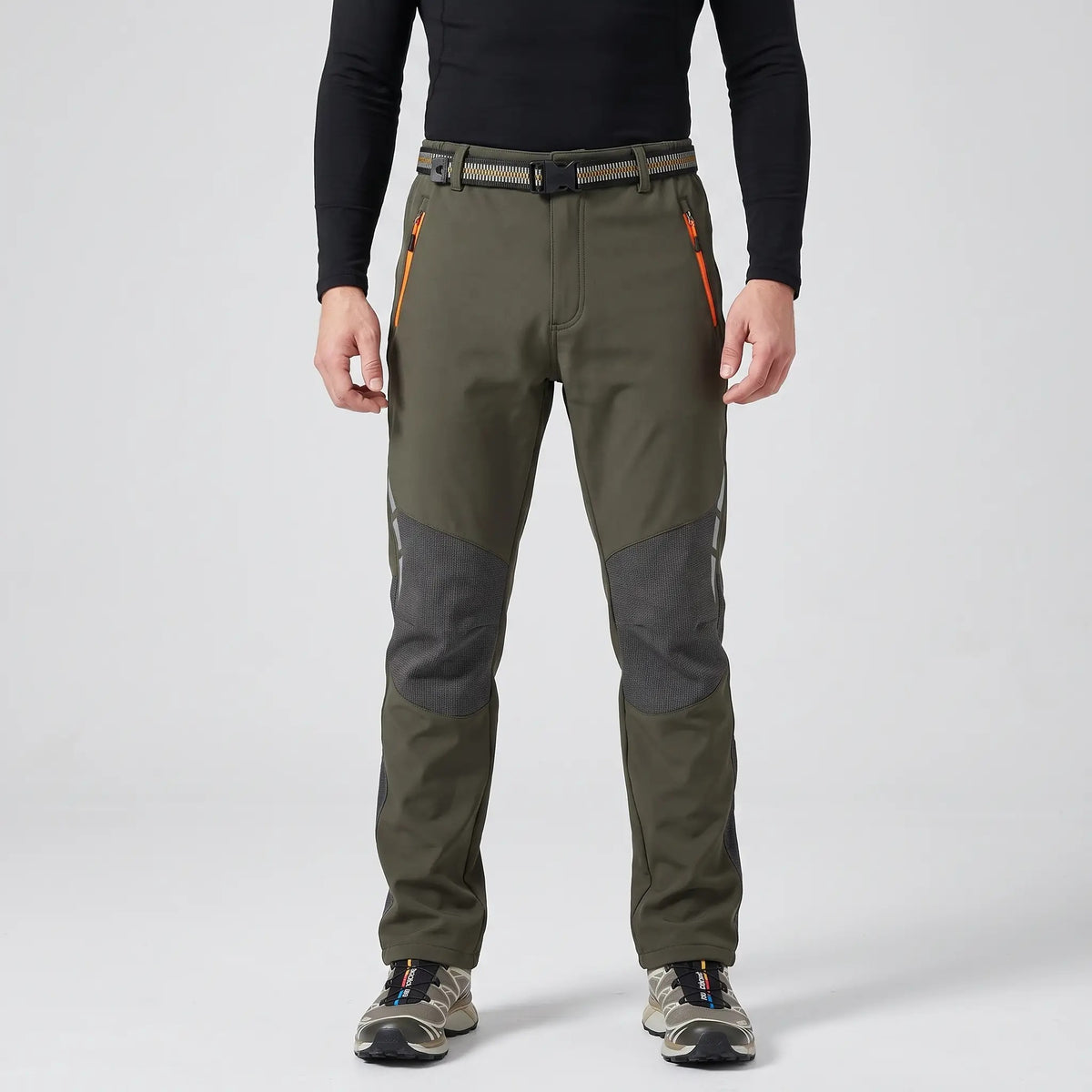 Men's fleece lined walking trousers in Olive, front view
