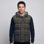 Olive Large Check hooded gilet worn closed - front