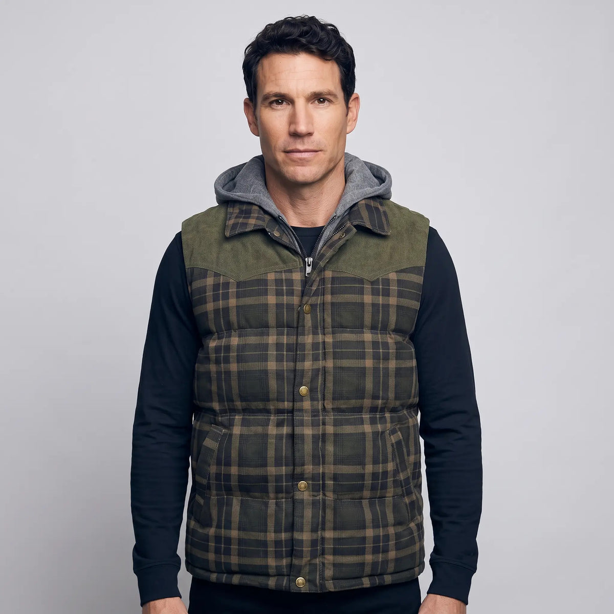Olive Large Check hooded gilet worn closed - front