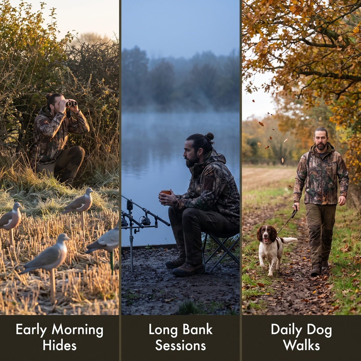 Camo jacket in a hedgerow hide, on a fishing bank and on a dog walk