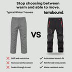 Comparison: typical winter trousers versus the terrabound articulated stretch fit