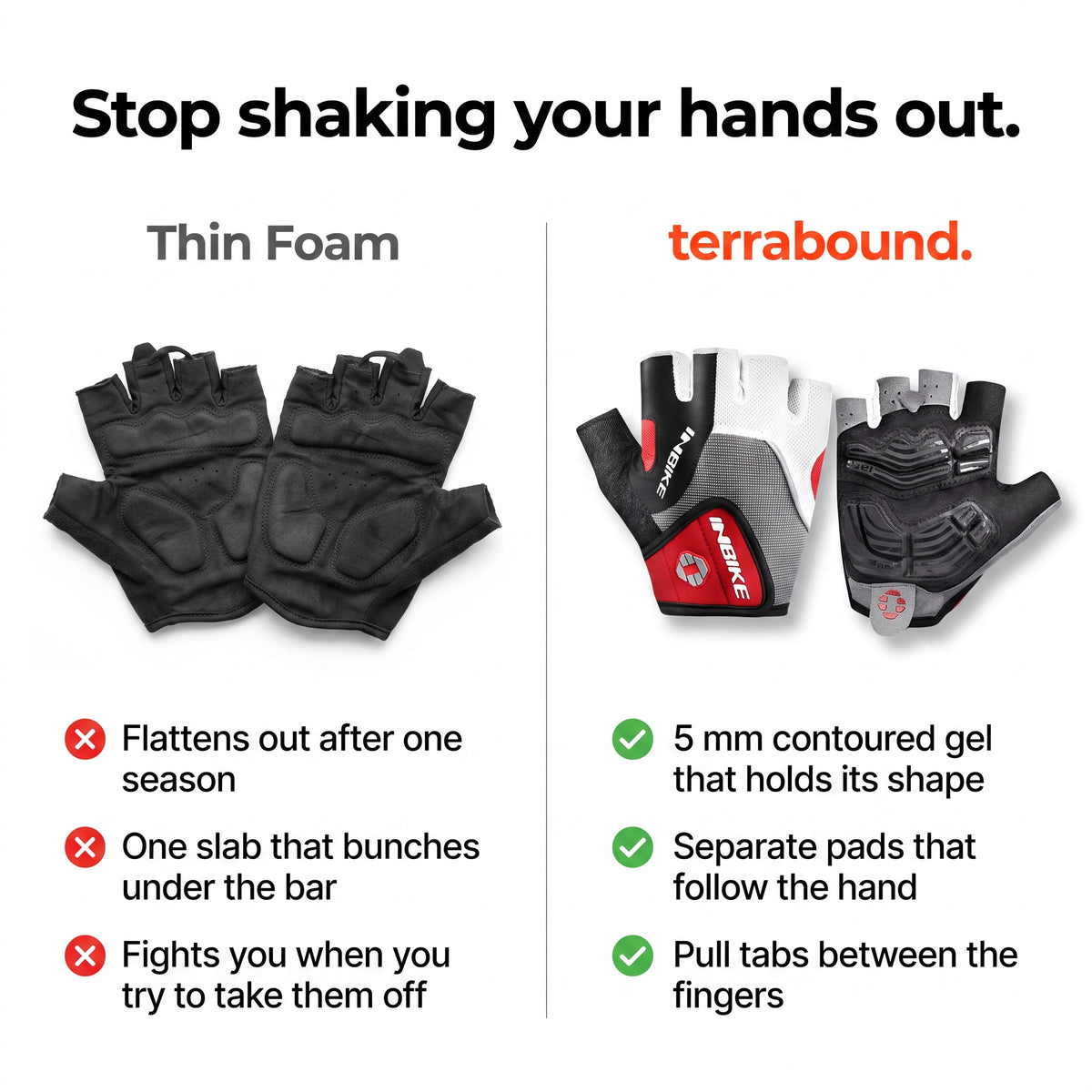 Gel padded cycling mitts compared with unpadded gloves